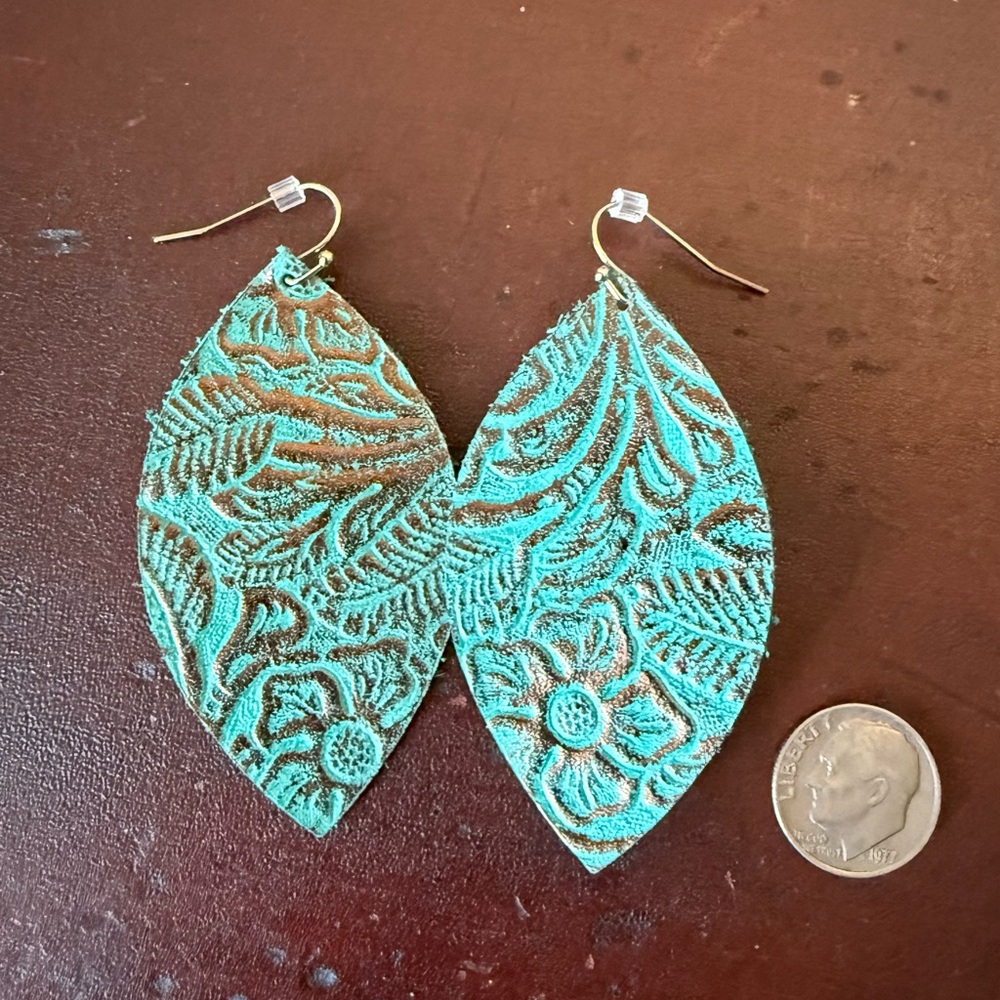 Elegant Turquoise Leather Handmade Leaf Earrings
